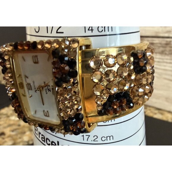 LZ Watch Animal Print Rhinestones Hinge Cuff Vintage